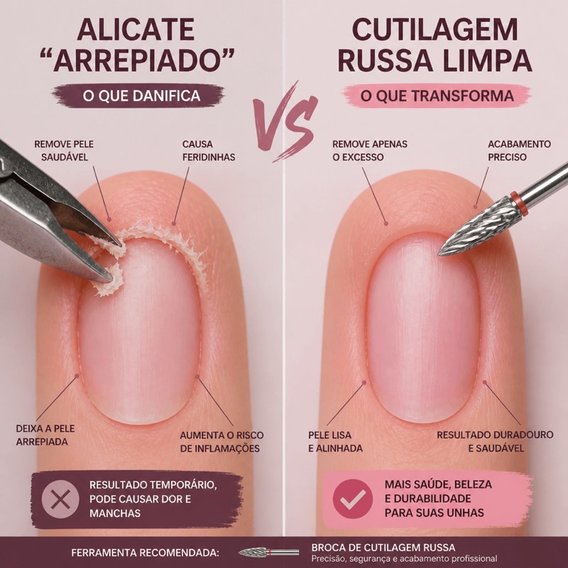 Comparação: cutícula arrepiada com alicate versus cutilagem russa limpa com broca